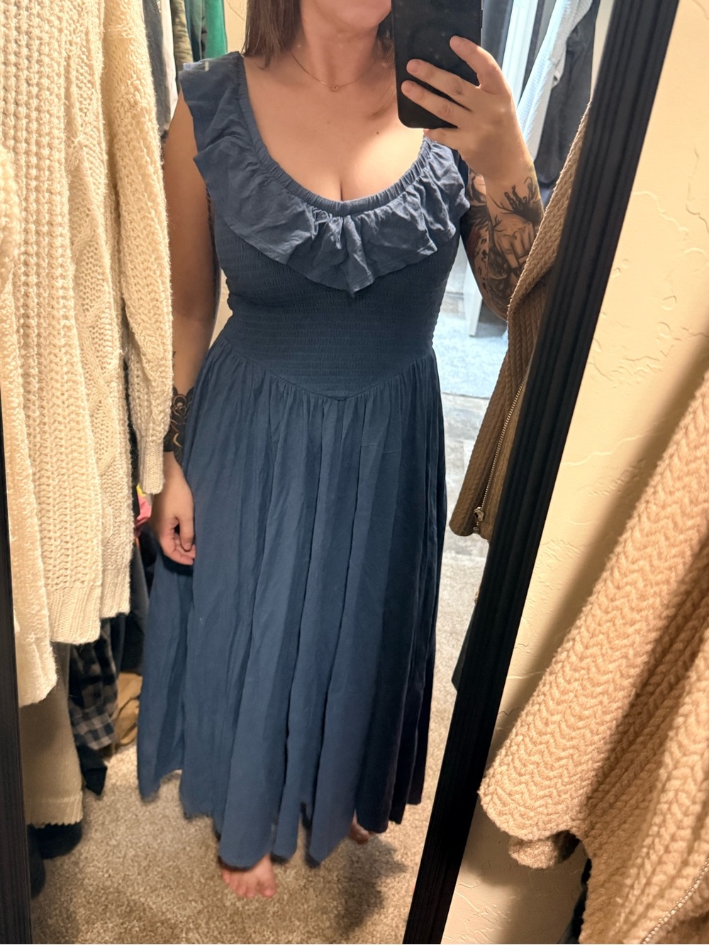 American Eagle Outfitters Blue Ruffle Smocked Maxi Dress